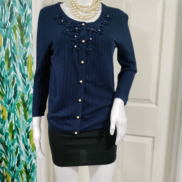 Juicy Couture Navy Blue Floral Embroidery Silk Cashmere Knit Cardigan Size Large - Picture 2 of 15
